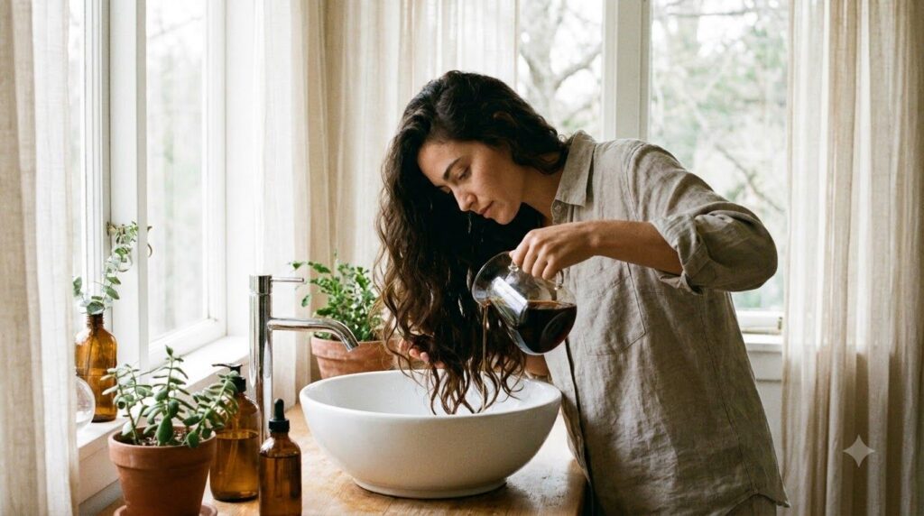 A woman gently pouring brewed coffee over her hair in a shower or over a basin with a friendly natural expression