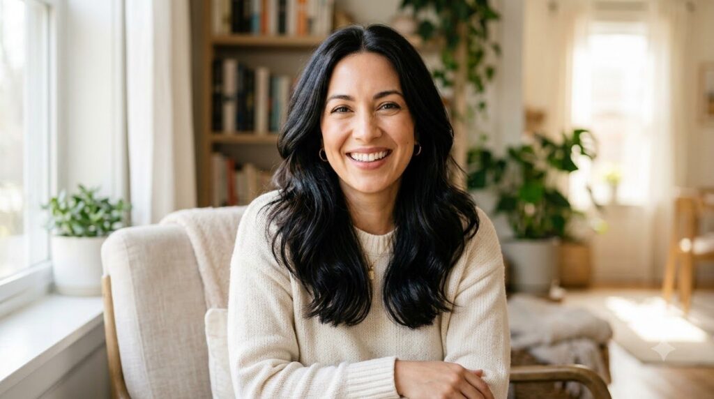 A woman with rich dark hair smiling showcasing healthy shiny hair that appears less grey