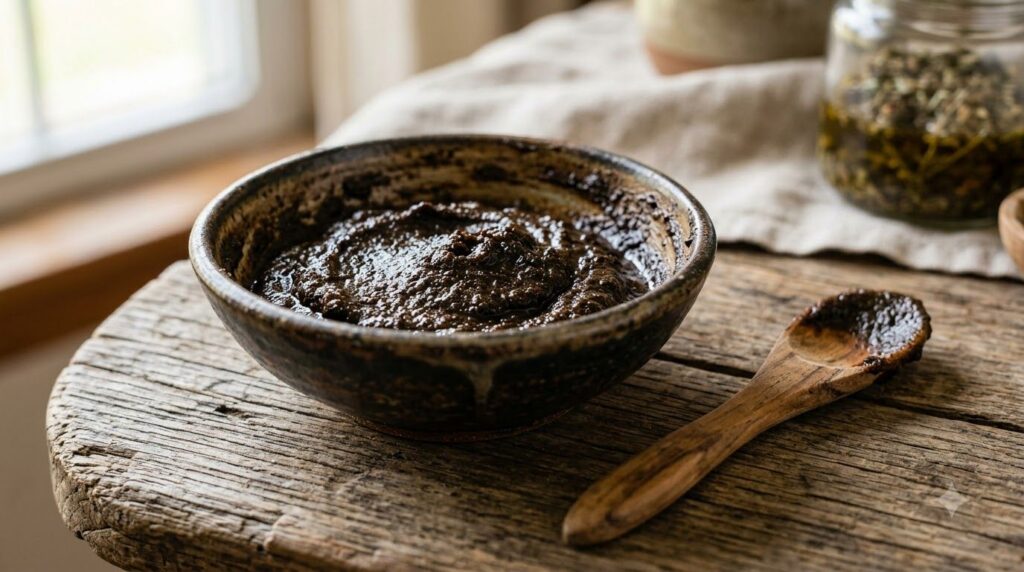 Close-up of a bowl containing a dark thick natural hair paste with amla and coffee powders next to a spoon