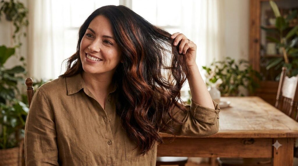 A woman with dark hair smiling and showing off her vibrant blended hair color suggesting success with the natural paste 