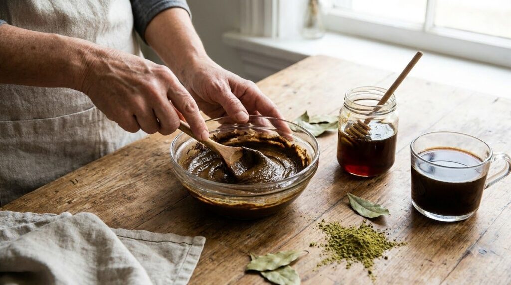 Hands mixing natural henna powder with strong black coffee and honey in a glass bowl forming a thick dark paste Ingredie