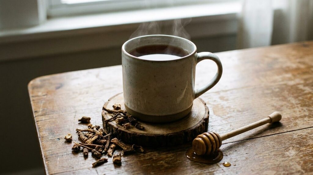 A steaming mug of dark dandelion root tea on a wooden coaster with dried roasted dandelion root pieces scattered around 