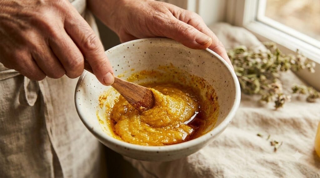 A person s hands mixing the Vaseline yellow powder and dark liquid in a small bowl with a spatula creating a smooth yell