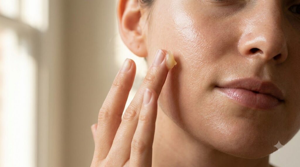 A person gently dabbing a small amount of the yellowish Vaseline mix onto their cheek with a fingertip showing clean hyd