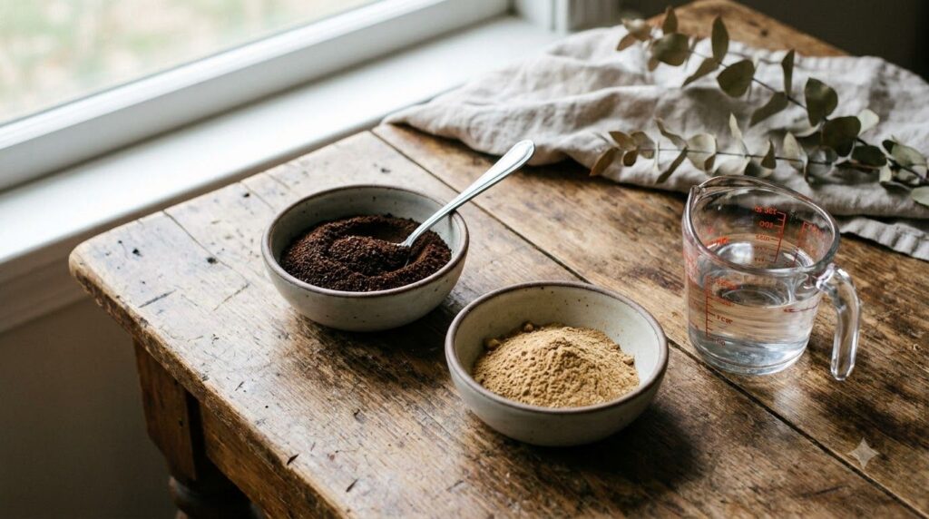 Ingredients laid out a bowl of coffee powder a bowl of amla powder and a measuring cup with water ready for mixing