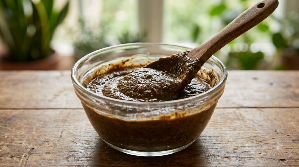 A close-up of the mixed natural hair paste in a glass bowl showing its thick dark brown texture with a mixing spoon