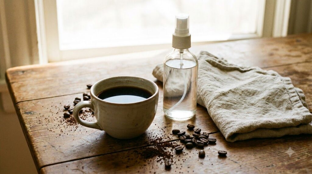 Ingredients for a DIY coffee hair rinse laid out on a clean surface a cup of brewed coffee a spray bottle and an old tow