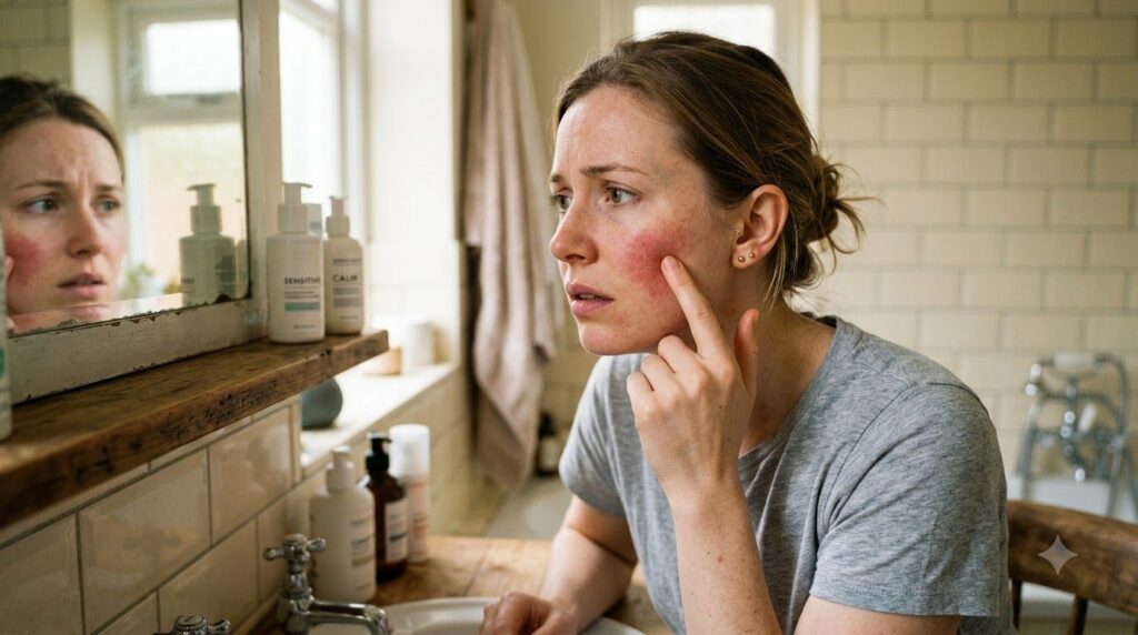A woman with sensitive skin gently touching a red patch on her cheek looking concerned representing skin irritation from