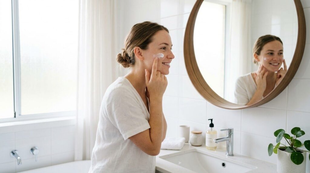 A person applying a small amount of sunscreen to their face with a clean and bright bathroom background emphasizing safe