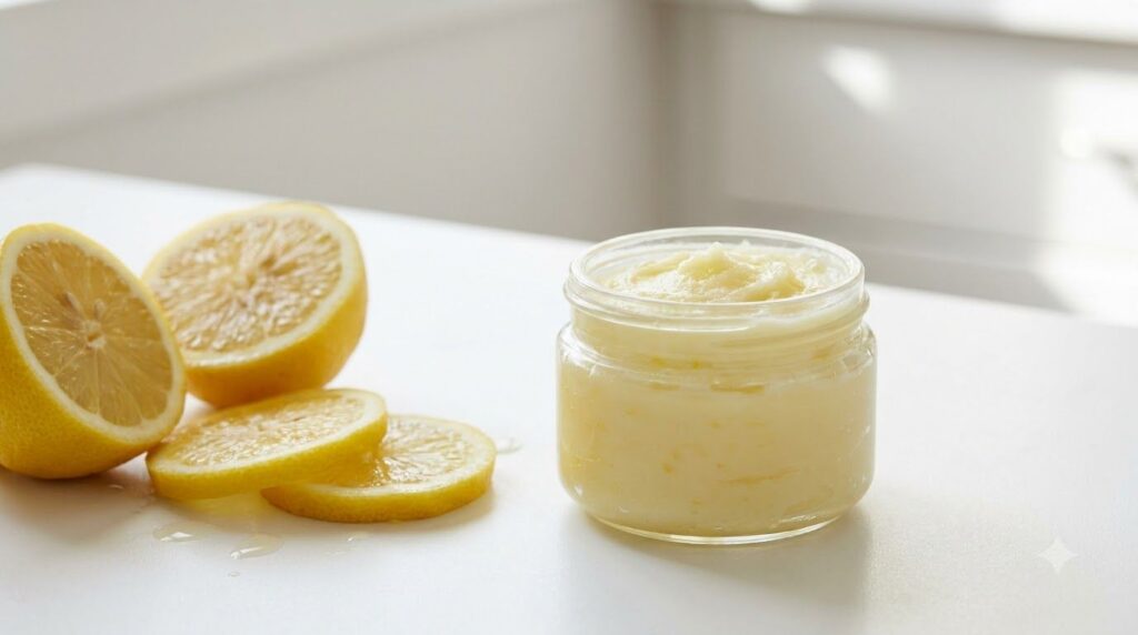 A small glass jar with a mixed Vaseline and lemon solution next to a sliced lemon and a tub of Vaseline on a clean light