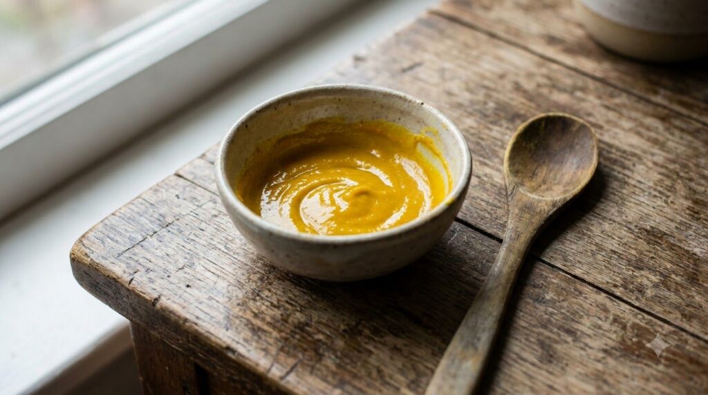 A small bowl containing a bright yellow Vaseline and turmeric paste with a tiny spoon on a wooden surface
