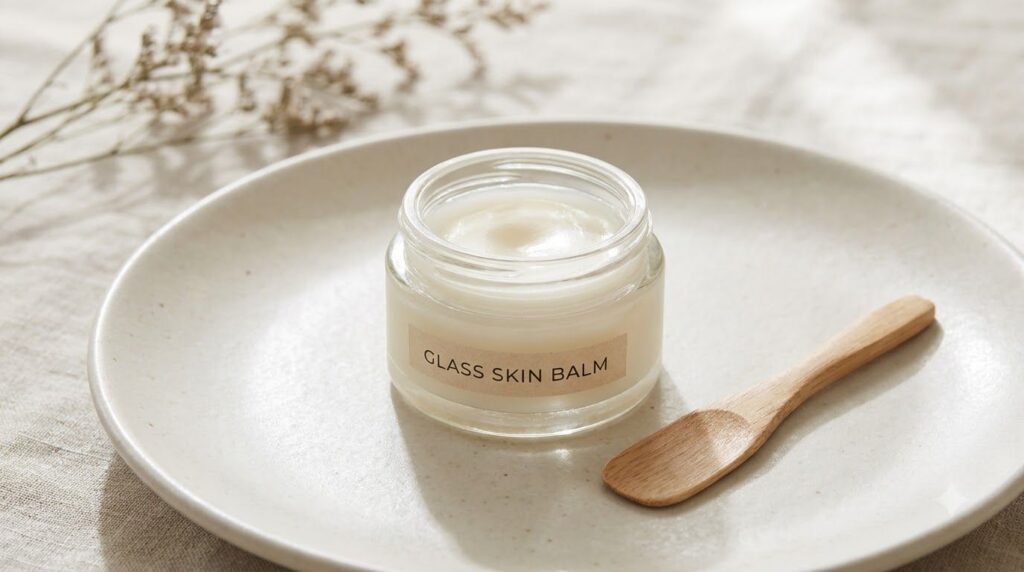 A small clear glass jar filled with the freshly made smooth Glass Skin balm The balm has a slightly off-white creamy tex
