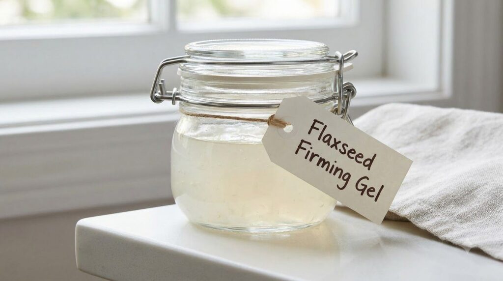 A small airtight glass jar filled with a translucent smooth firming gel labeled Flaxseed Firming Gel The jar is placed o