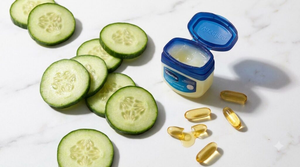 Close-up of fresh cucumber slices a small jar of petroleum jelly Vaseline and a few Vitamin E capsules on a clean white 