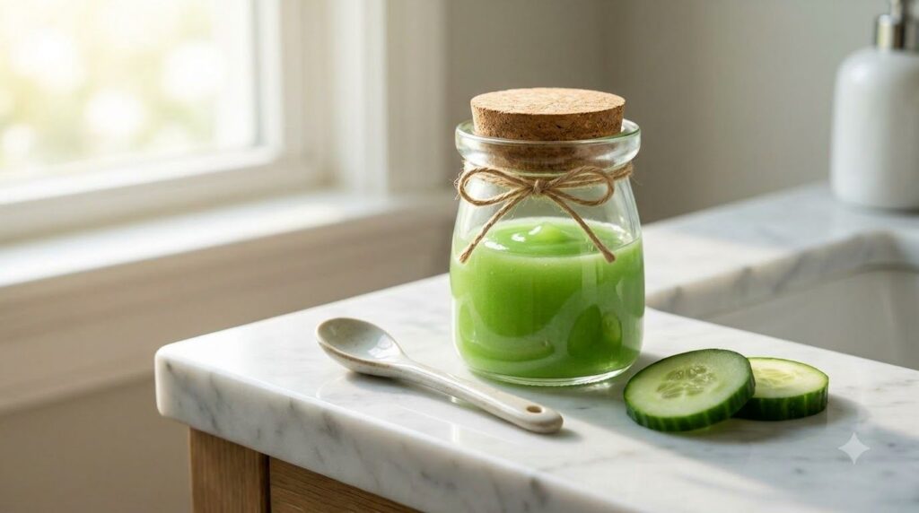 A small clear glass jar filled with the freshly made green cucumber Vaseline and Vitamin E night gel ready for use place