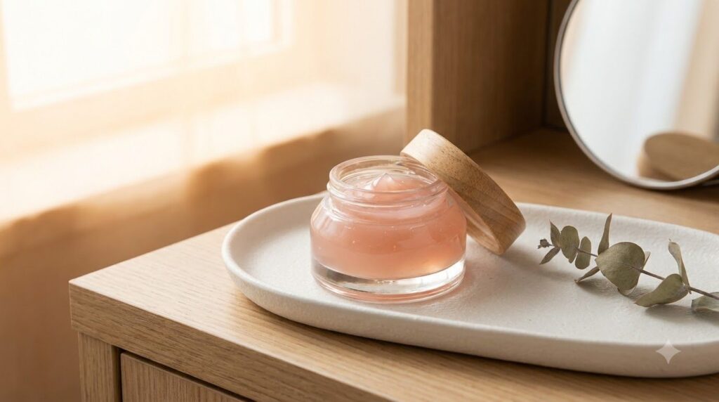 A small clean airtight glass jar filled with the homemade pinkish-tinted Pomegranate Vaseline Vitamin E night gel placed