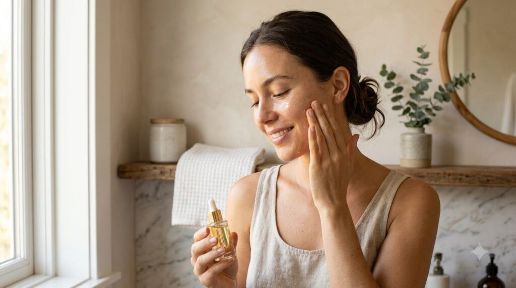 A woman gently massaging the DIY rose and rice beauty oil onto her face as part of her nightly routine looking serene an