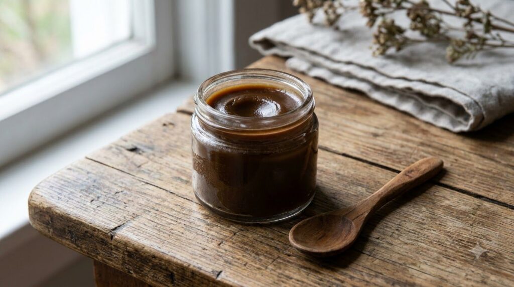 A small clear glass jar filled with the freshly made smooth dark brown night balm The texture is consistent and rich A s