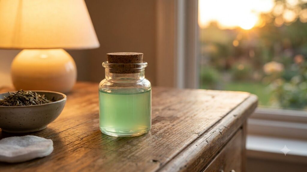 A small clear glass jar filled with the finished Green Tea Vaseline and Honey Skin Reset Gel placed on a vanity or besid