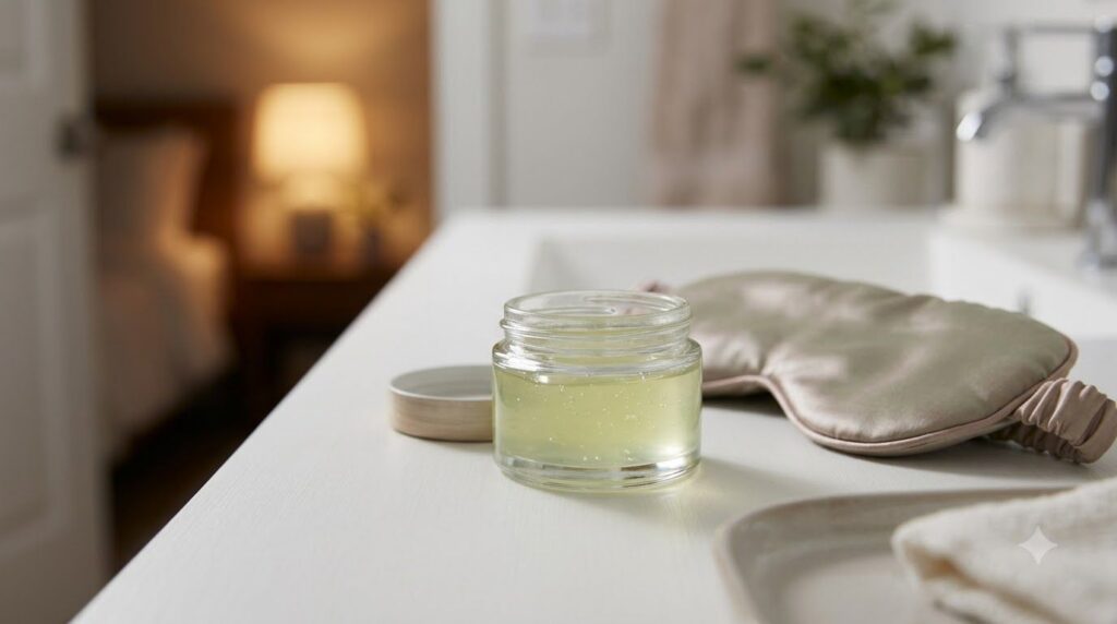 A small clear glass jar containing the finished DIY night mix a pale greenish-yellow gel on a clean white vanity next to