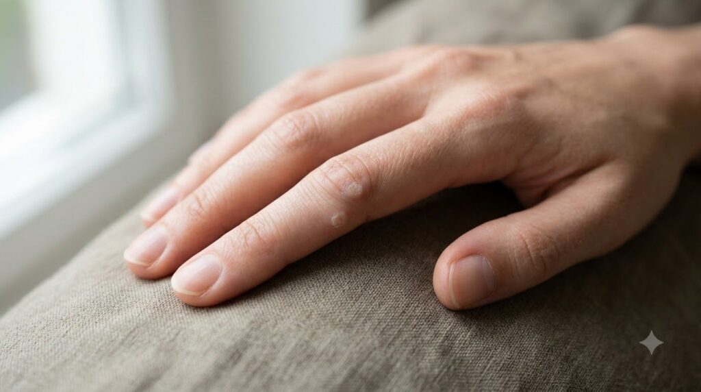 A hand with a fading wart after consistent use of the remedy showing improved skin texture