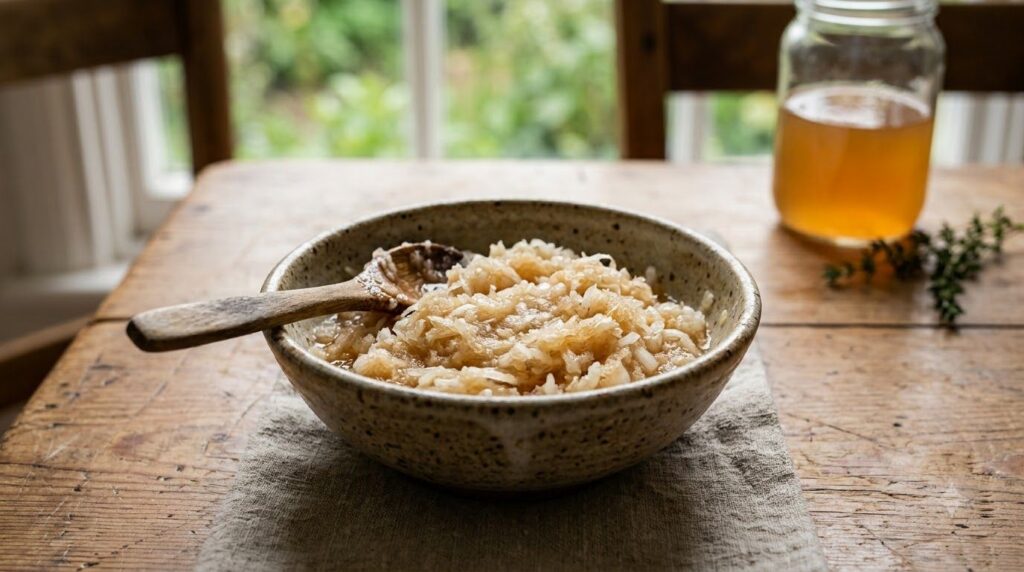 Close-up of grated onion mixed with apple cider vinegar in a small bowl ready for application