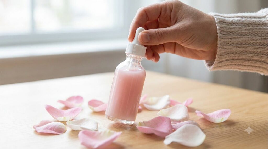 A close-up of a hand gently shaking a small glass dropper bottle containing a homemade milky pink serum surrounded by so