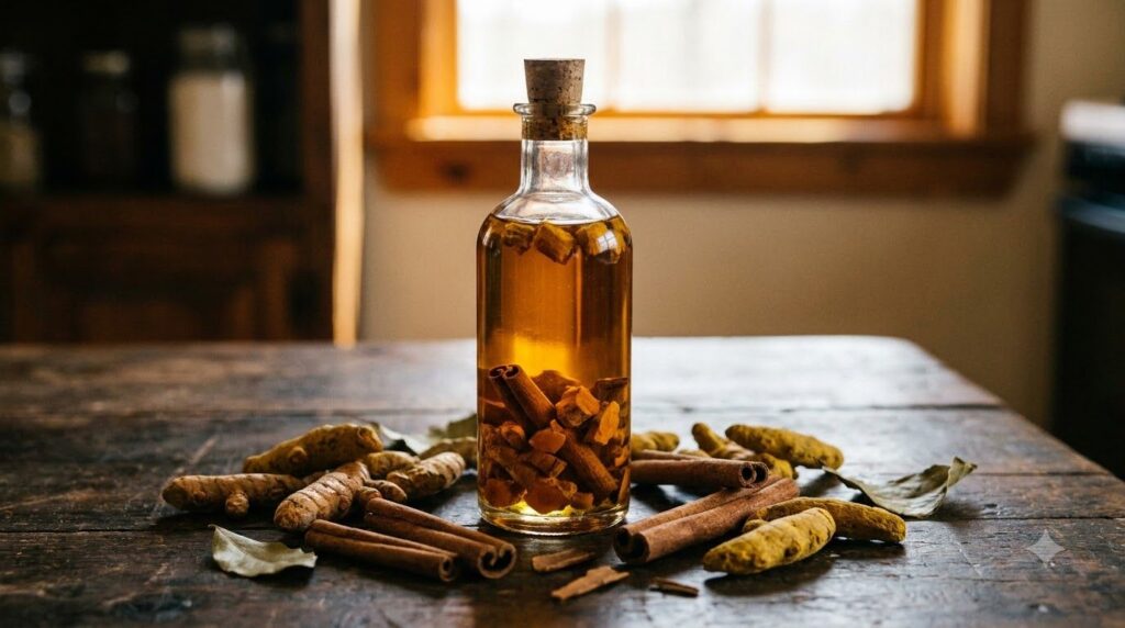 A bottle of baby oil infused with turmeric and cinnamon sticks displayed on a dark background with loose turmeric root a