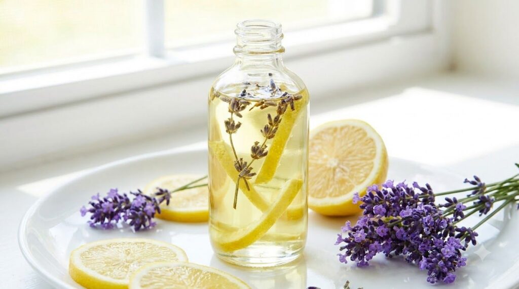 A glass bottle of baby oil infused with lemon peels and lavender sprigs set against a backdrop of fresh lemons and laven