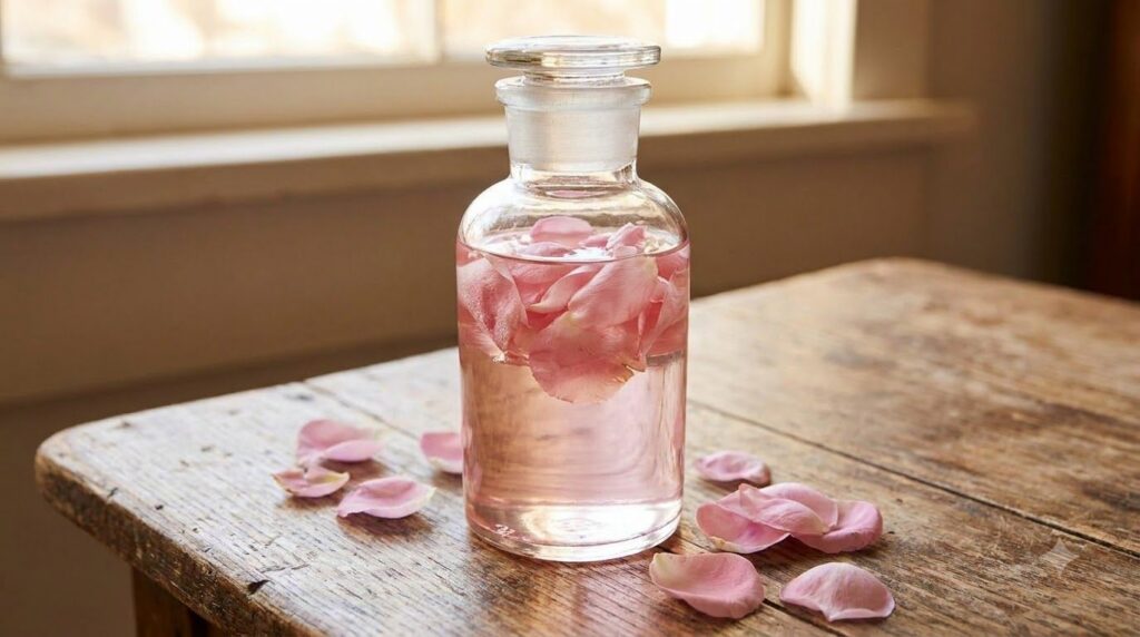Close-up of a glass bottle containing baby oil infused with fresh rose petals placed on a wooden surface with scattered 