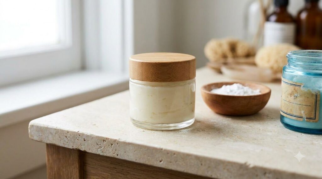 A small airtight glass jar filled with a creamy white Vaseline and rice powder balm next to a small bowl of rice powder 