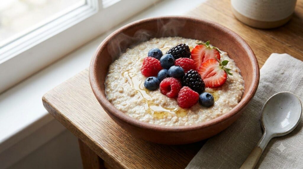 A close-up shot of a bowl of creamy hot oat bran porridge topped with fresh berries and a drizzle of honey emphasizing i