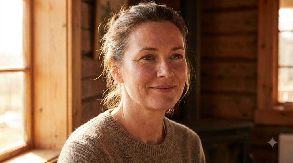 A woman with glowing clear skin smiling gently perhaps after her night routine showcasing natural radiance