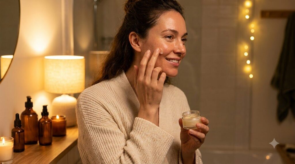A woman gently applying a small amount of balm to her face at night showing soft glowing skin