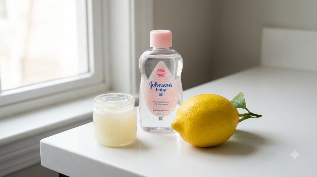 All ingredients for the balm a jar of Vaseline a bottle of baby oil and a fresh lemon neatly arranged on a clean surface