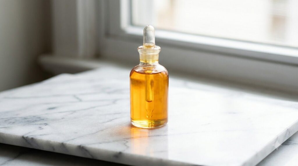 A small elegant dropper bottle filled with a golden-hued oil clearly labeled Radiant Skin Oil placed on a smooth reflect