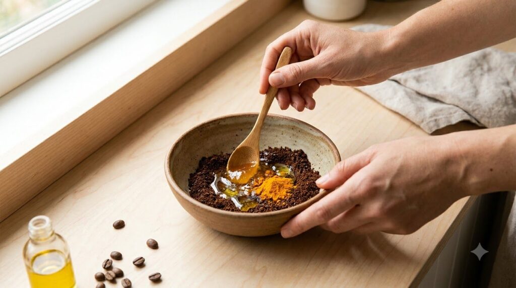 A woman s hands gently mixing coffee grounds honey a small amount of baby oil and a pinch of turmeric in a ceramic bowl 