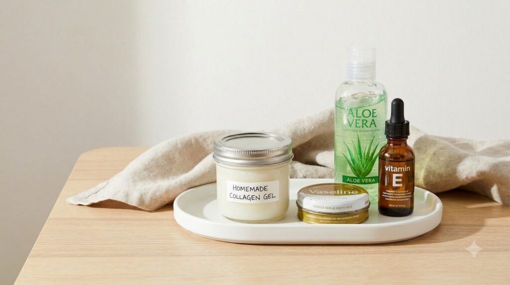 A small clear jar filled with the homemade collagen gel creamy white texture next to the original Vaseline aloe vera gel