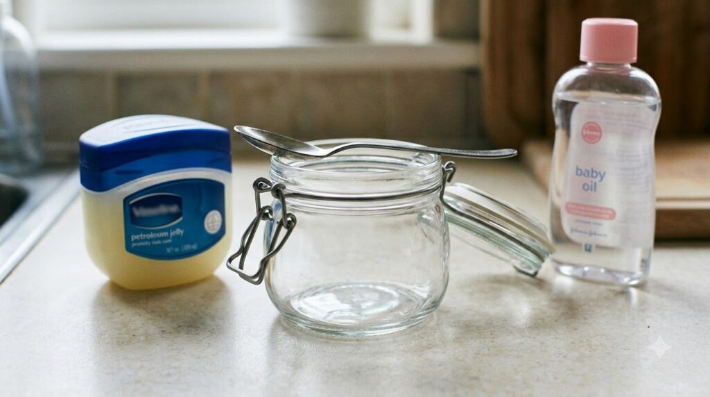 Close-up shot of a small clean airtight jar with a spoon or spatula next to a jar of Vaseline and a bottle of baby oil o
