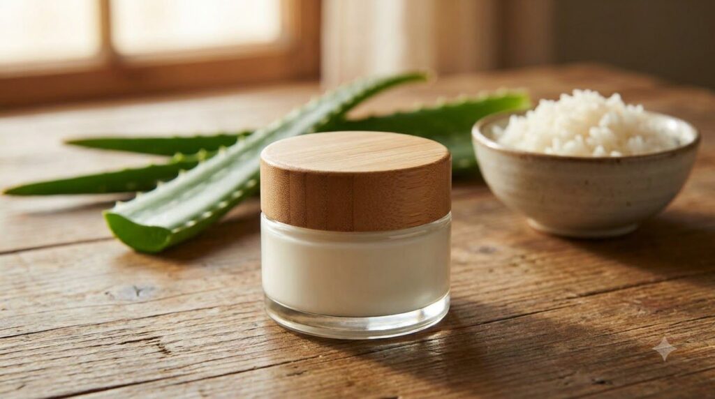 A small elegant glass jar filled with a creamy white homemade night cream with a few fresh aloe vera leaves and a small