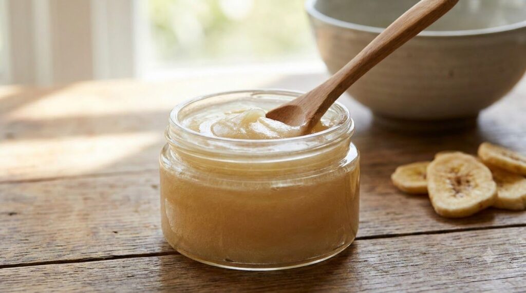 A close-up of a small glass jar filled with the yellowish banana honey and Vaseline balm showing a smooth creamy texture