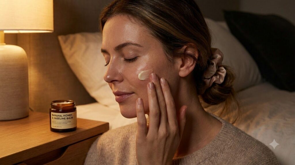A woman gently applying the banana honey and Vaseline balm to her clean face before bed with soft serene lighting in a b