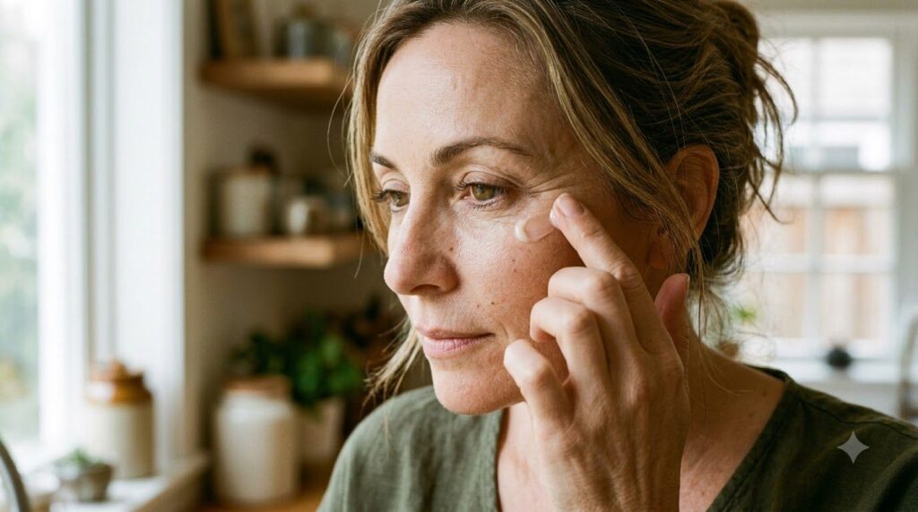 A woman applying a small amount of balm to her face focusing on fine lines around her eyes with a gentle expression