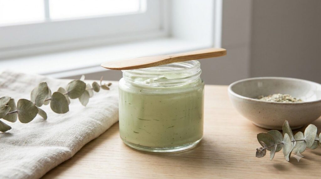 A finished homemade avocado vitamin E and Vaseline night mask in a small elegant glass jar ready for use