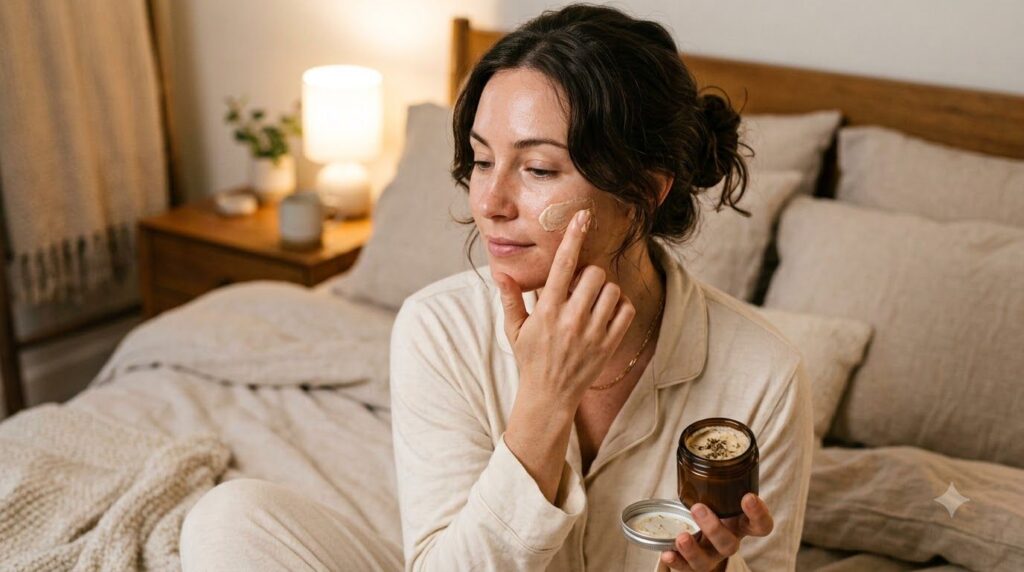 A woman gently applying a homemade cream to her face before bed with soft warm lighting The focus is on the act of appli