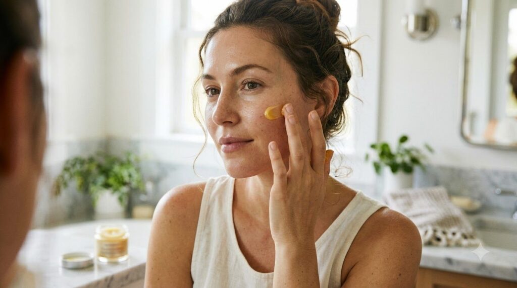 A woman gently dabbing the golden Vaseline and turmeric mix onto her cheek with a soft radiant glow on her skin implying