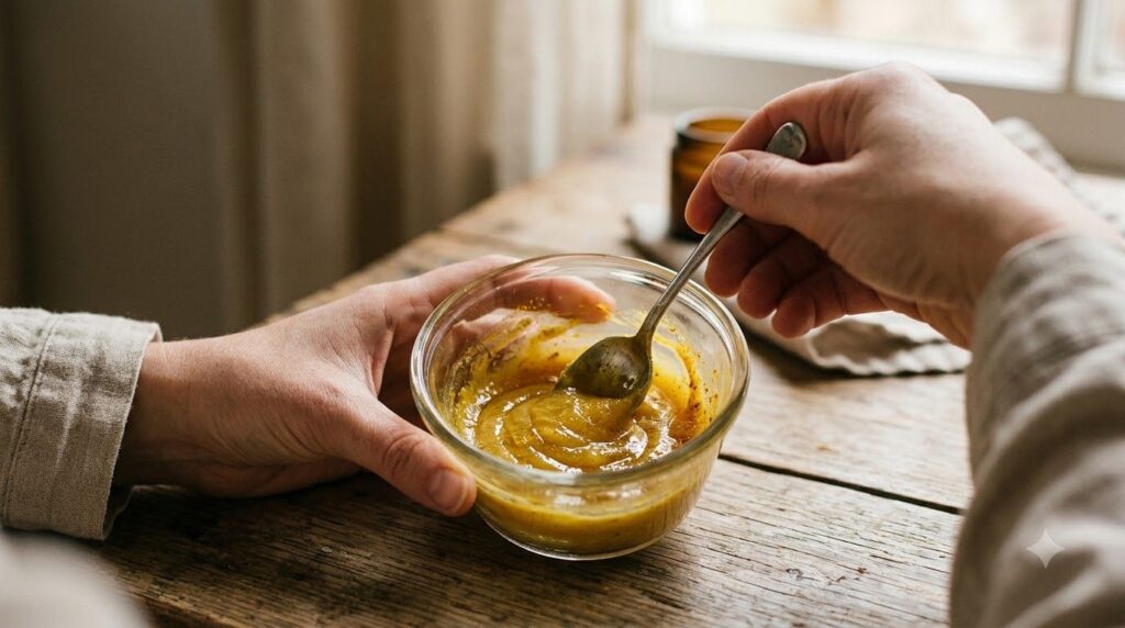 A close-up shot of hands mixing Vaseline turmeric powder and rose water in a small glass bowl with a spoon creating a go