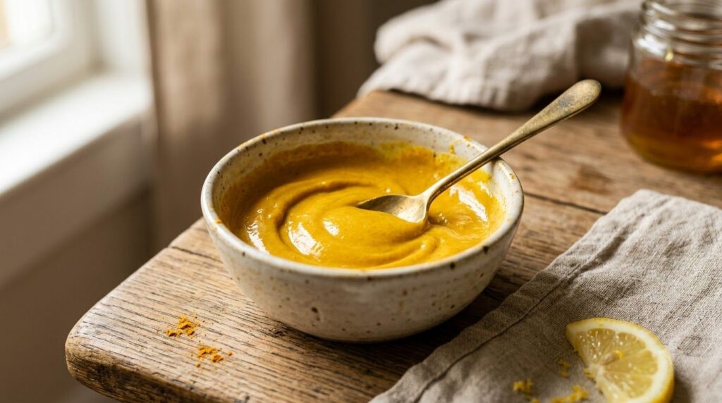 Close-up shot of a small bowl containing a freshly mixed DIY face mask made from lemon turmeric and honey with a smooth 