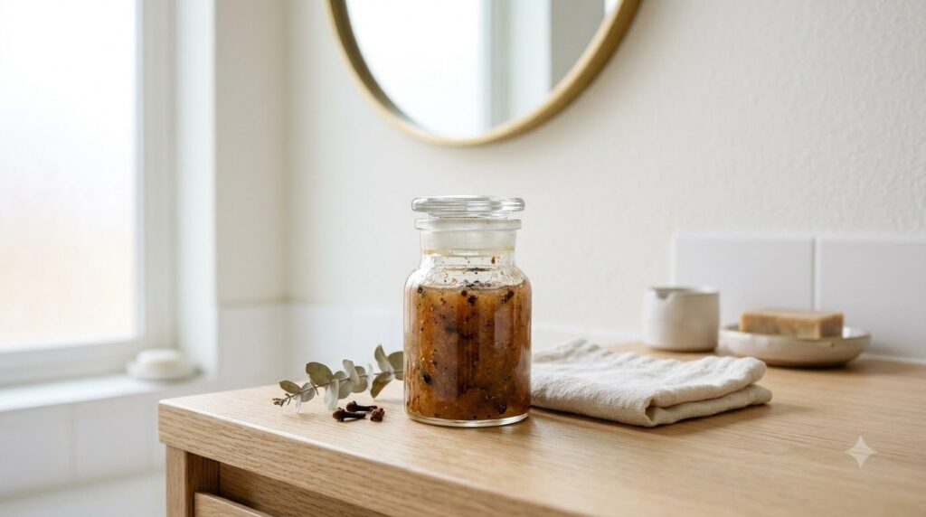 A small clear glass jar filled with the prepared clove and healing jelly mixture placed on a vanity with soft focus in t