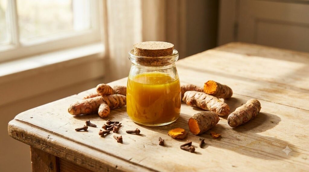 A small bowl or jar containing a golden-yellow mixture of baby oil clove and turmeric with raw turmeric roots and clove 